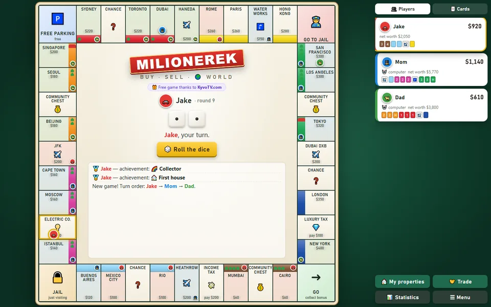 Mid-game board — houses, hotels and owner badges