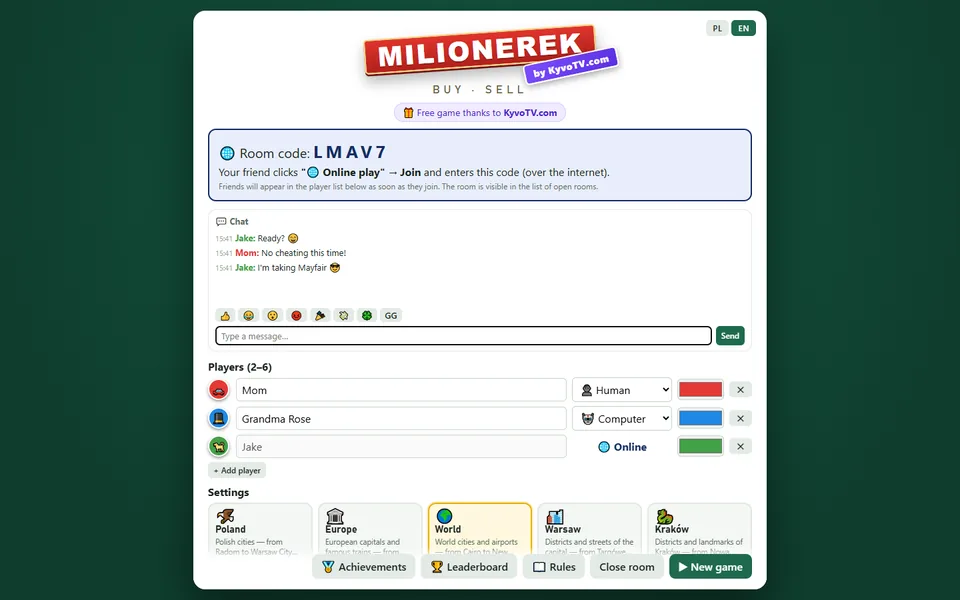 Online game room with chat