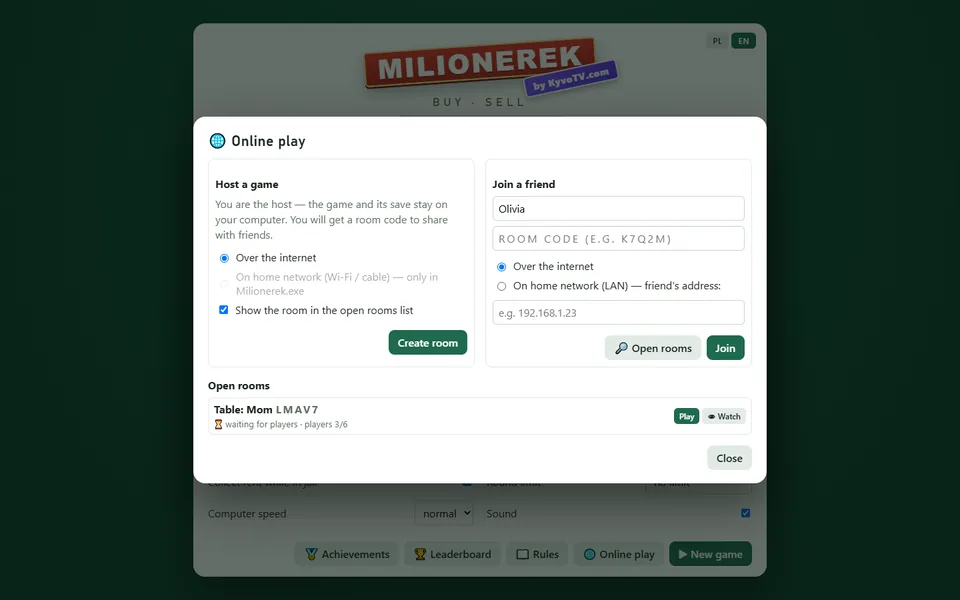 Open rooms — join as a player or a spectator