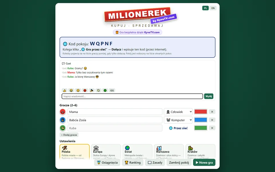 Pokój do gry przez internet z czatem